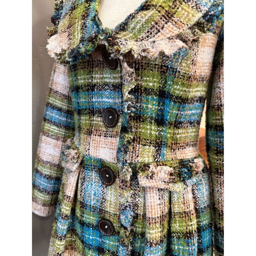 Anthropologie Nick &‎ Mo Retro Tweed Plaid Wool Flare Coat Small Fringed Boho